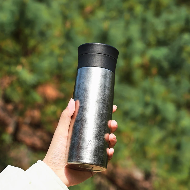 KEITH Titanium Vacuum Insulated Bottle 380ml Double Wall Flask with Tea Filter Portable Thermal Water Bottle for Travel Office