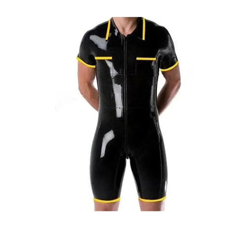 

Latex Bodysuit Men Short-sleeved Sports Rubber Jumpsuits Black with Yellow with Front Zipper for Men