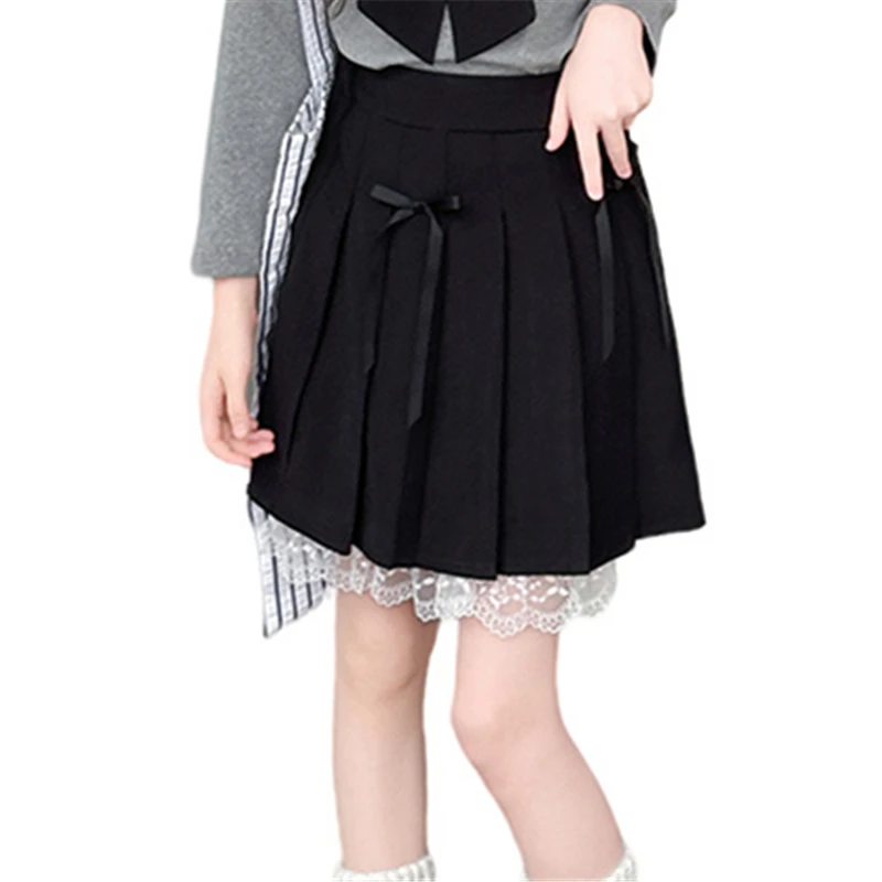 Korean Japanese Children's Pleated Mini Skirt with White Lace for Girls Spring Autumn Knitted Preppy Black Color Lace-up Skirt