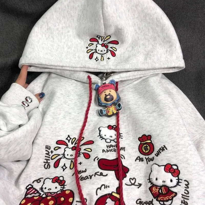 

Hot Kawayi Adorable Kit Embroidered Hoodie Sweatirts Women's Loose Fit Korean Sle Casual Jaets Spring Autumn Winter New Arrival