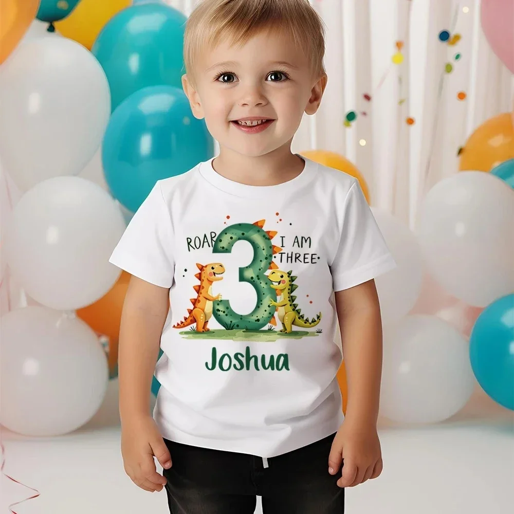 Custom Name Dinosaur Birthday T-Shirt Boys 3rd Birthday Shirt Roar I Am Three Kids Party Outfit Personalized Gift