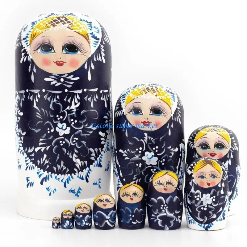 090B 10Pcs Russian Nesting Dolls Handcraft Matryoshka Classical Collectible Babushka Figurine Dolls Kids Stacking Toy
