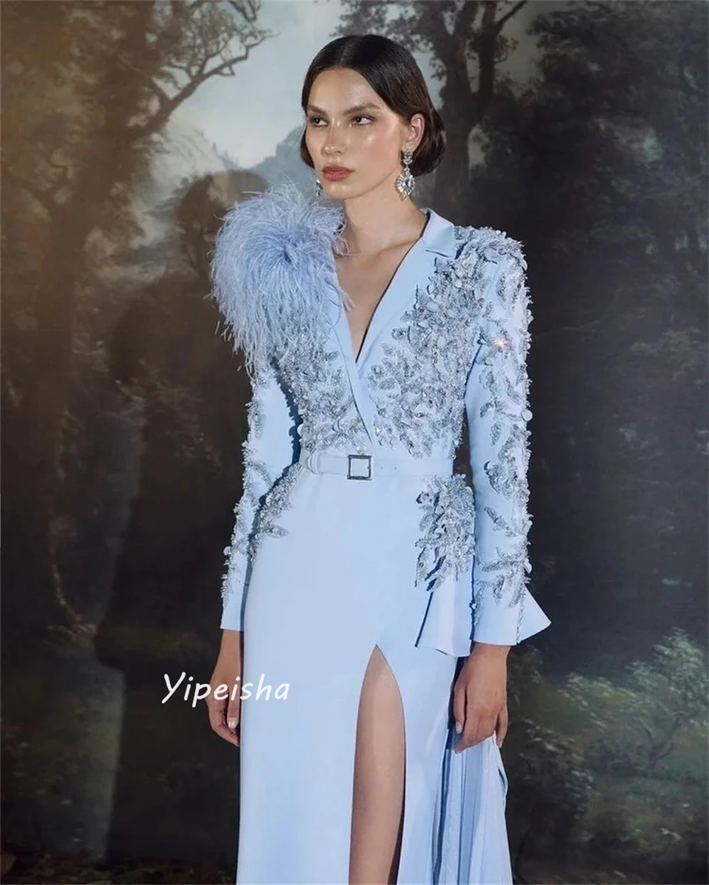 Customized Modern Style V-Neck Ball gown Beading Sequined Flowers Draped Floor-Length Satin Bespoke Occasion Dresses Evening