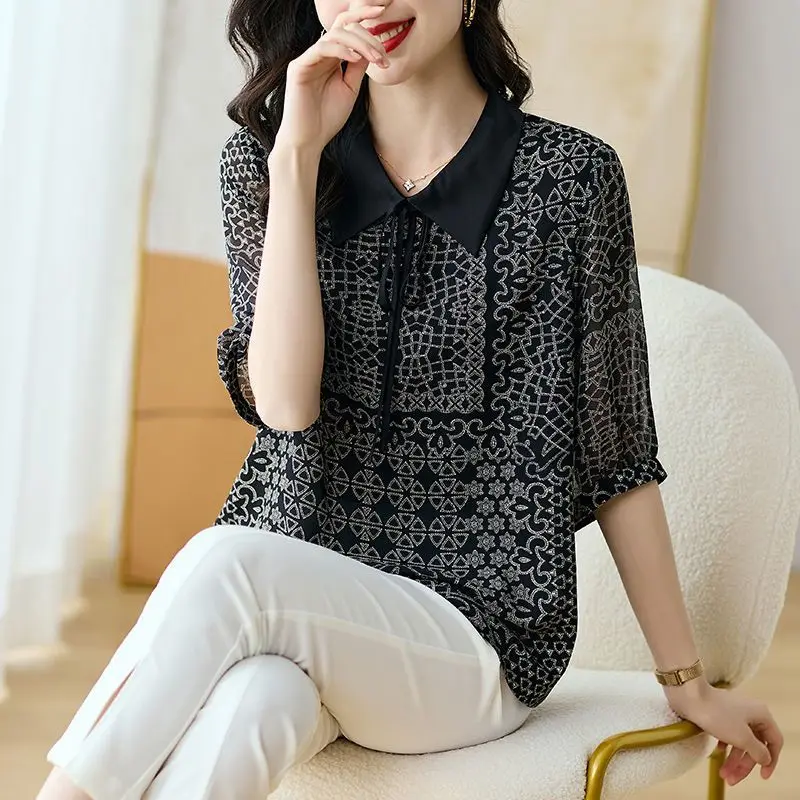 

Loose Chiffon Print Summer Black Top Shirt