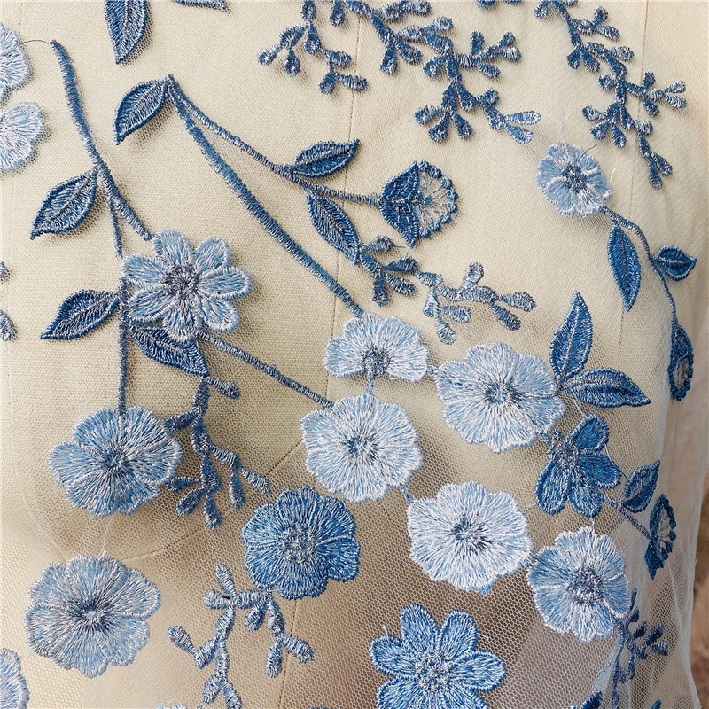 Blue Floral Lace Fabric, Embroidered Flower Applique, Patch, DIY Sewing Supplies, Wedding Dress Clothing, DIY Decals