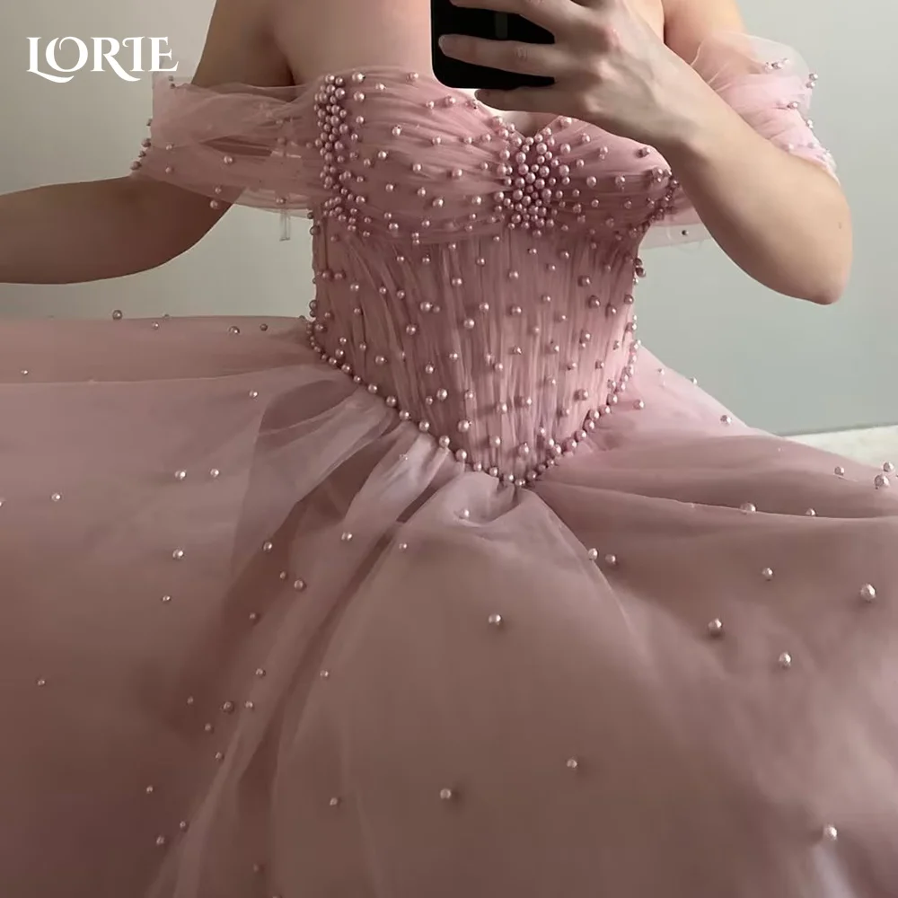 

LORIE Pearls A-line Evening Dresses Saudi Tulle Off Shoulder Backless Princess Prom Dress Arabia Dubai Party Gown Customized