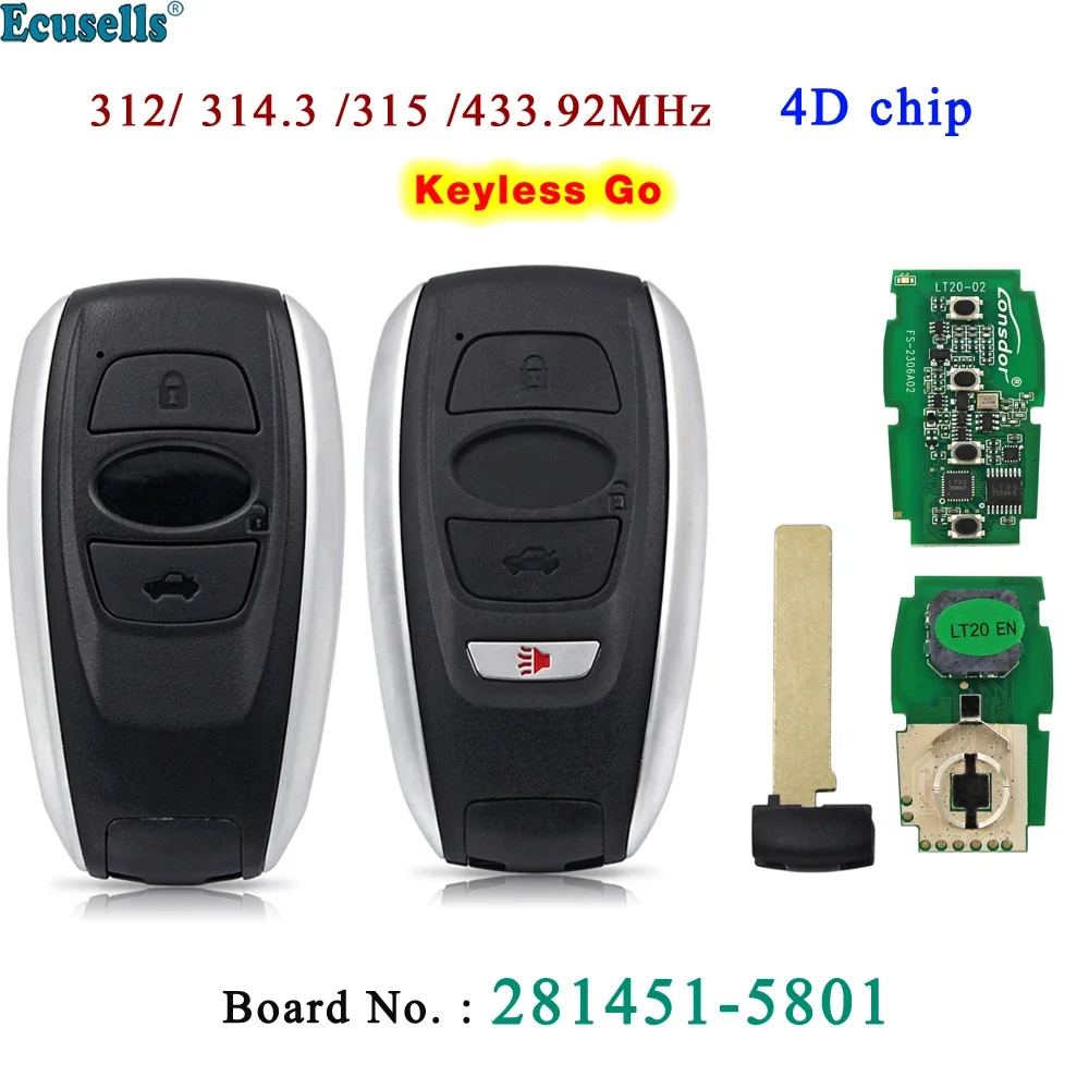 Ecusells 3/4B Keyless Go Smart Remote Key 4D Chip for Subaru Impreza Legacy Outback Ascent Forester Crosstrek STI WRX Board 5801