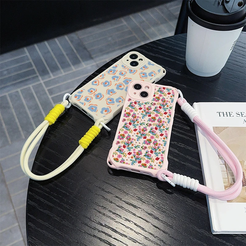 New petal design flowers and plants For iPhone 16 15 14 13 12 11 XS XR X Pro Max Plus Phone Case Send lanyard Shockproof Soft