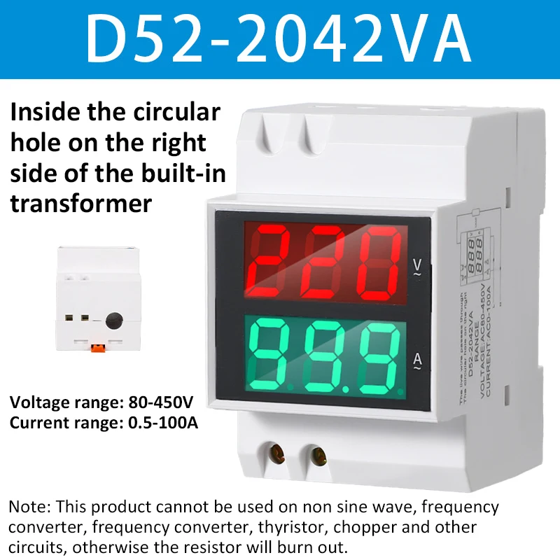 D52-2042 VA Digital Display Ammeter and Voltmeter Meter 80~450V/0.5~100A AC  LED Display Guideway-Type AC Din Rail Display Meter