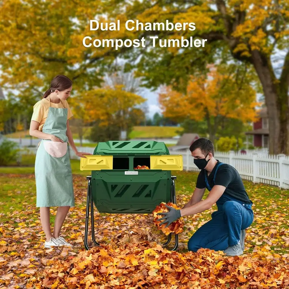 Tumbler Bin Composter Dual Chamber 43 Gallon (Bundled with Gardening Gloves)