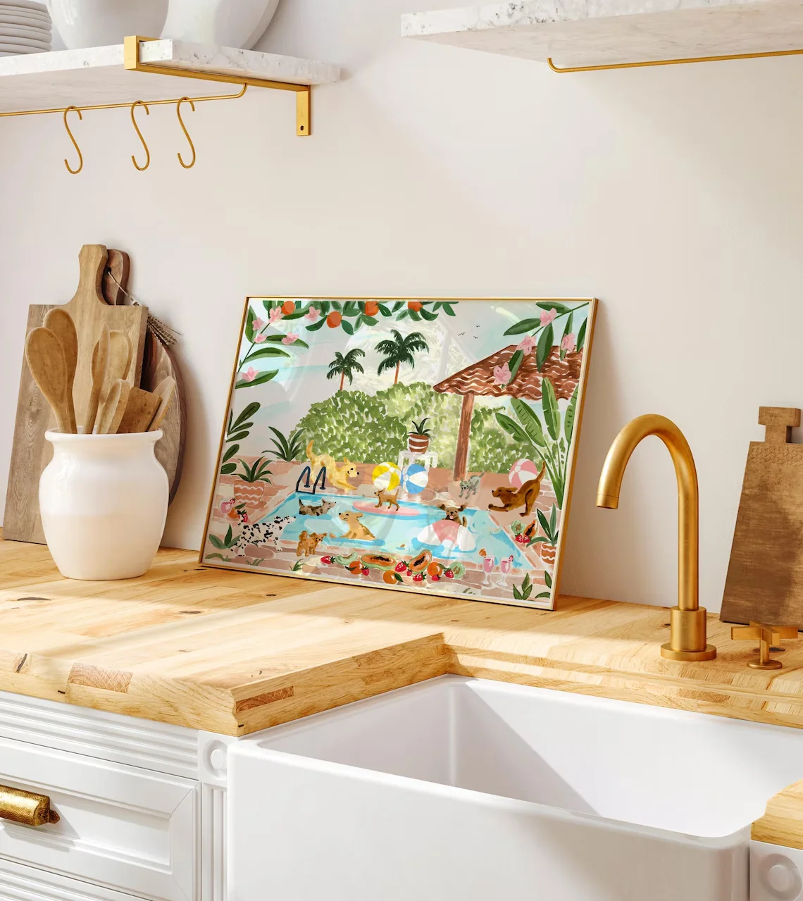Sunny Dog Pool Party Wall Art - Whimsical Print Celebrating Summer Fun. The Lush Tropical Foliage and Playful Dogs Create a Warm view 4