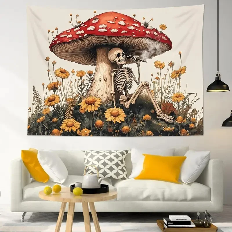 VIKAMA Aesthetic Skull Tapestry Gothic Skeleton Red Mushroom Wild Daisy Floral Vintage Hippie Art Wall Hanging Home Dorm Wall De