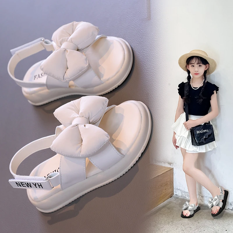 2024 Summer Girls' Sandals New Children's Fashionable Bow Princess Shoes Little Girls Soft Sole Sandals XHXL-8821