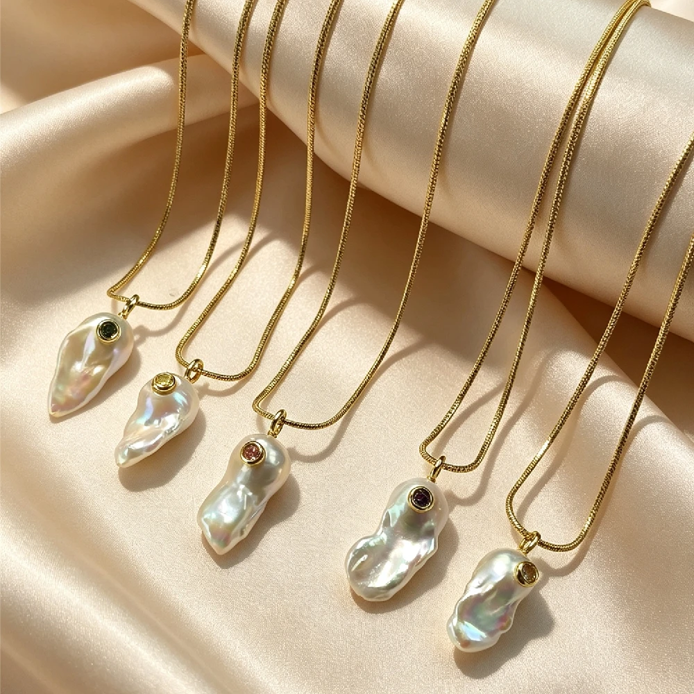 1PC Baroque Pearl Pendant Inlaid Colorful Gemstone DIY Necklace Charm Women Fashion Jewelry Gold Plated P2D1074