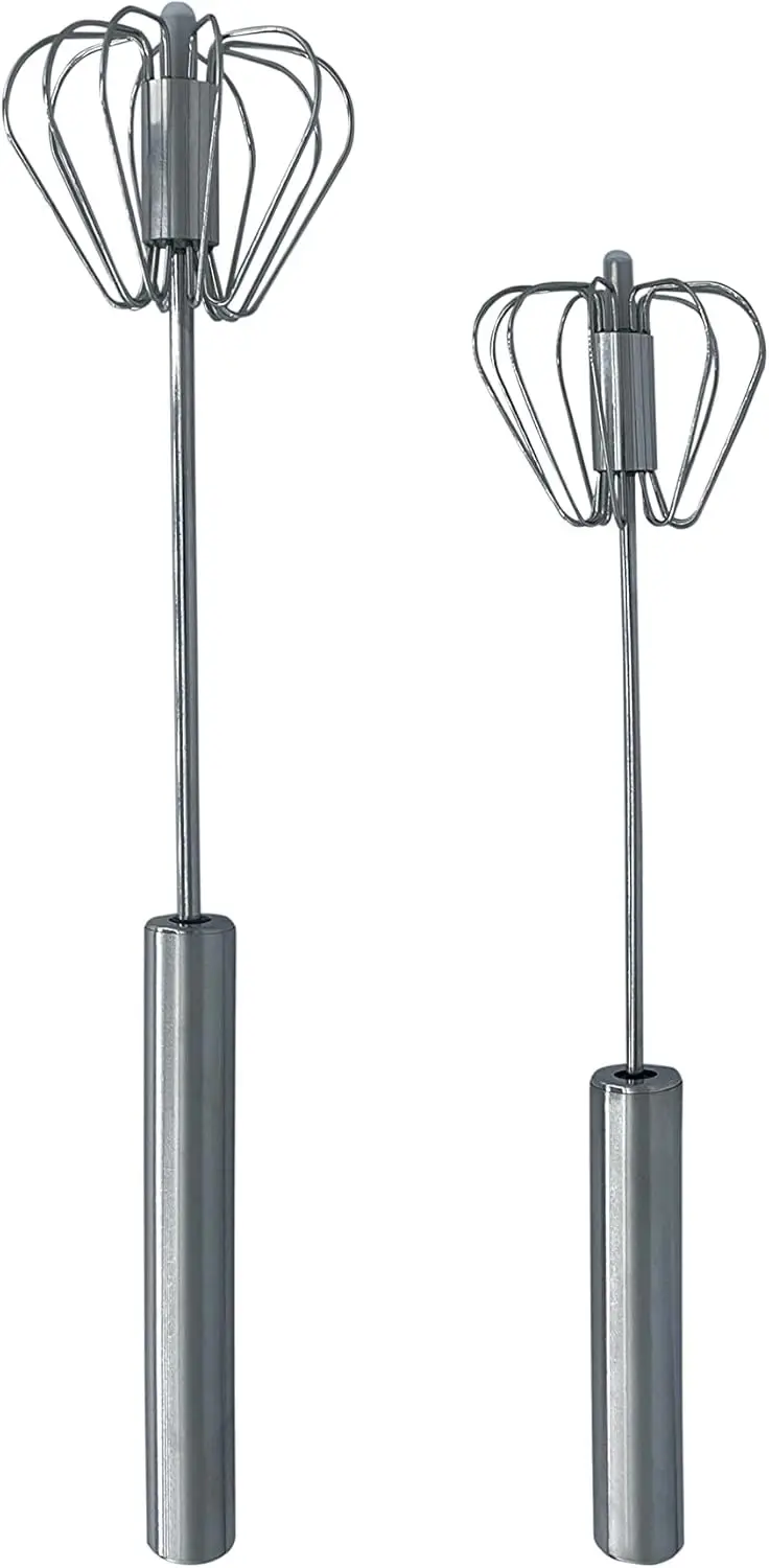 

Stainless Steel Push Whisk 2 Pack 10in & 12in - Manual Hand Mixer for Frothing, Whipping & Mixing with Plastic Tip