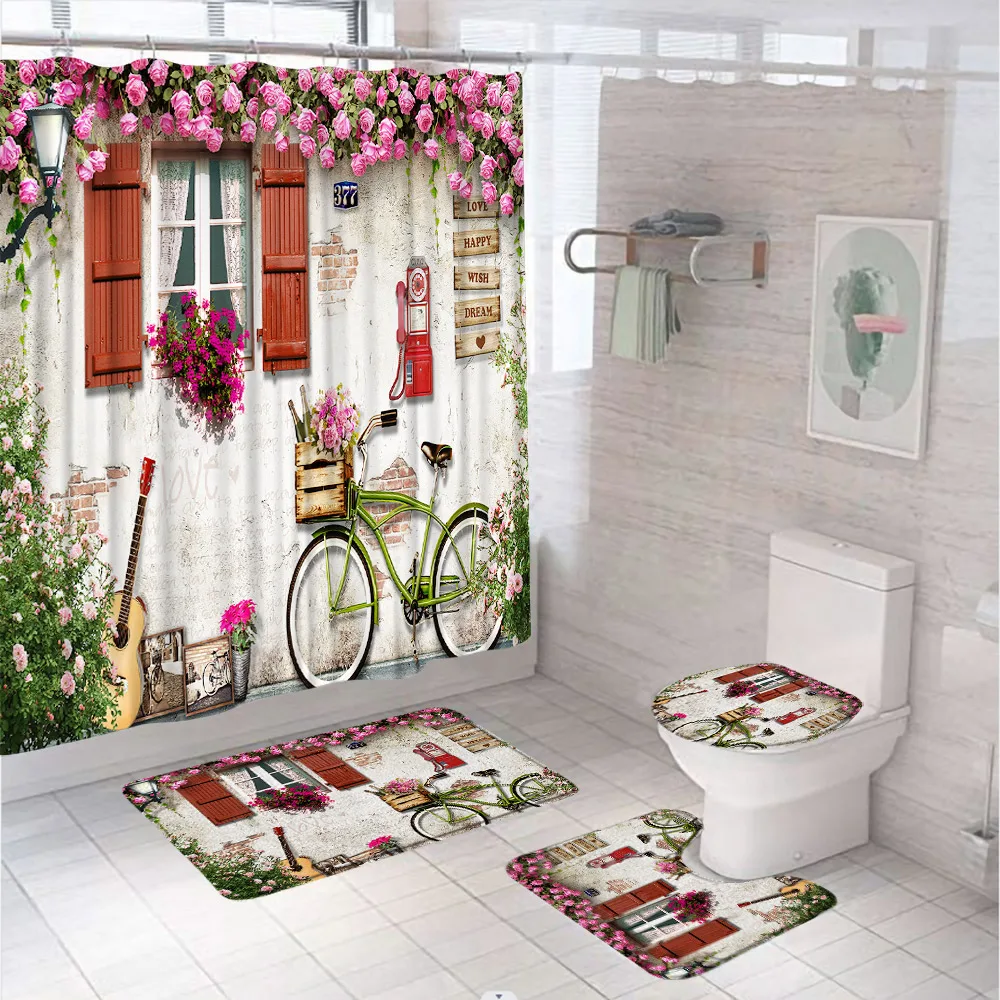 

Vintage Flower Bicycle Shower Curtain Set Pink Rose Floral Wall Rustic Classic Bathroom Rugs Non-Slip Toilet Lid Cover Bath Mat