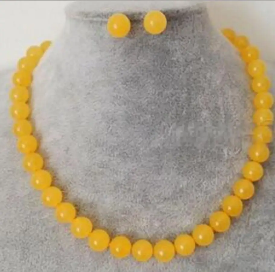 

Handmade 10mm Natural Yellow Jade Round Beads Necklace Earring Set 18'' AAA