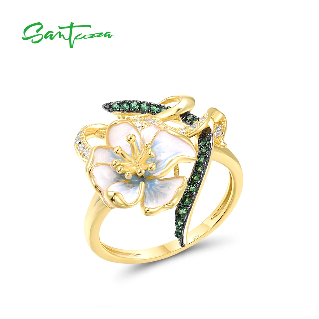 SANTUZZA Genuine 925 Sterling Silver Rings For Women Green Spinel White CZ Handmade Enamel Flower Ring Delicate Fine Jewelry