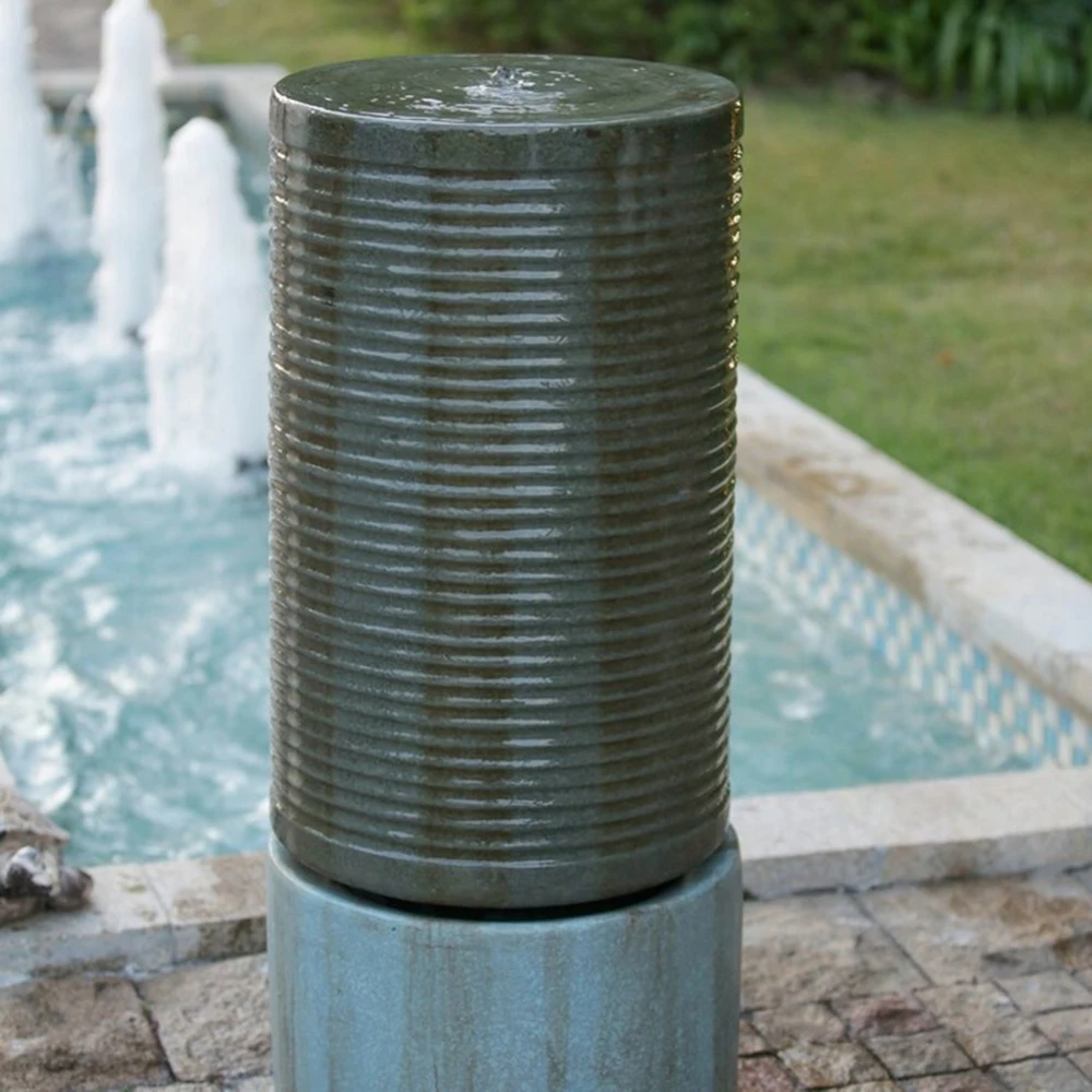 44" Tall Large Round Green Ribbed Tower Water Fountain