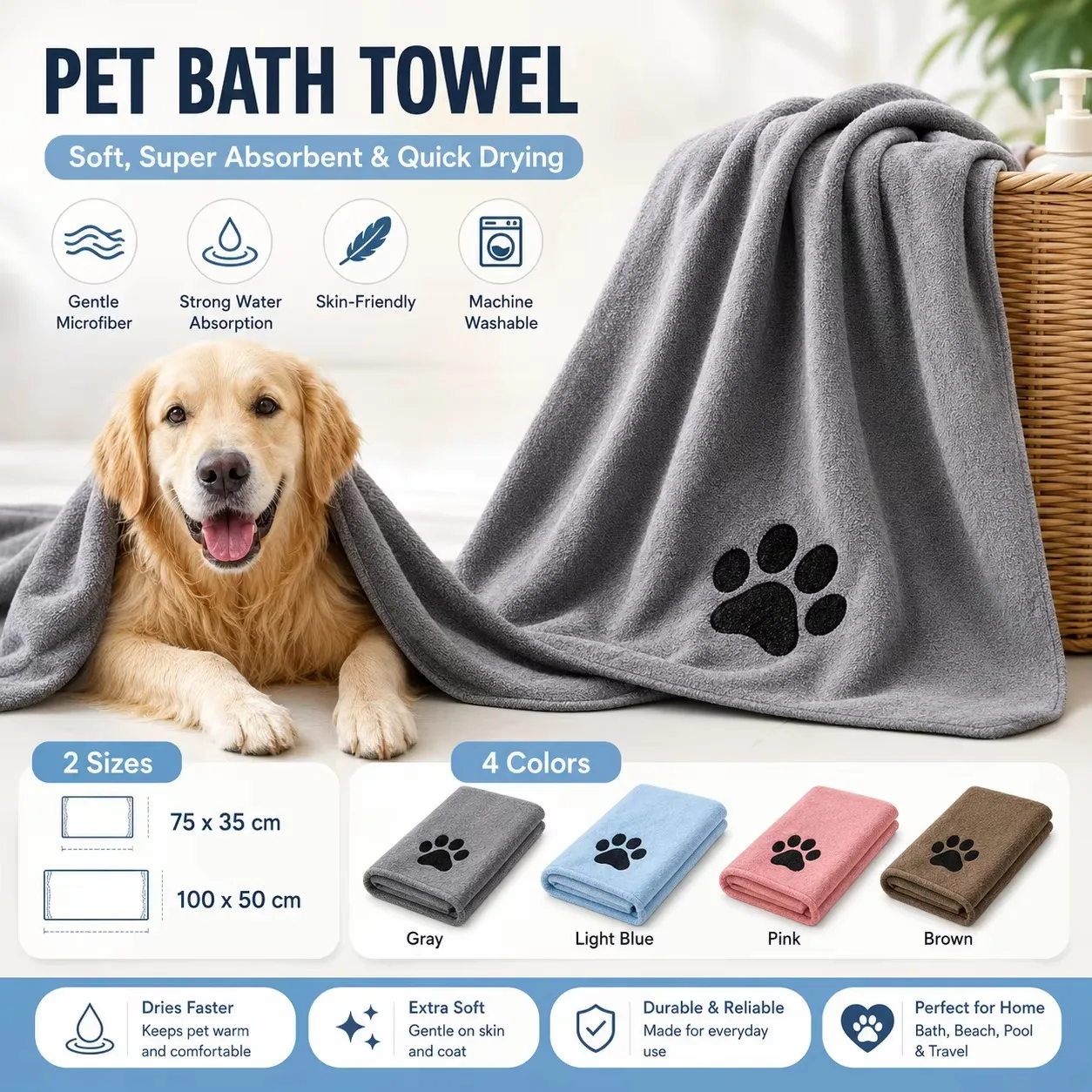 35*75cm/50*100cm Microfiber Pet Bath Towel Embroidered Super Soft Absorbent Cat for Dogs Grooming Supplies