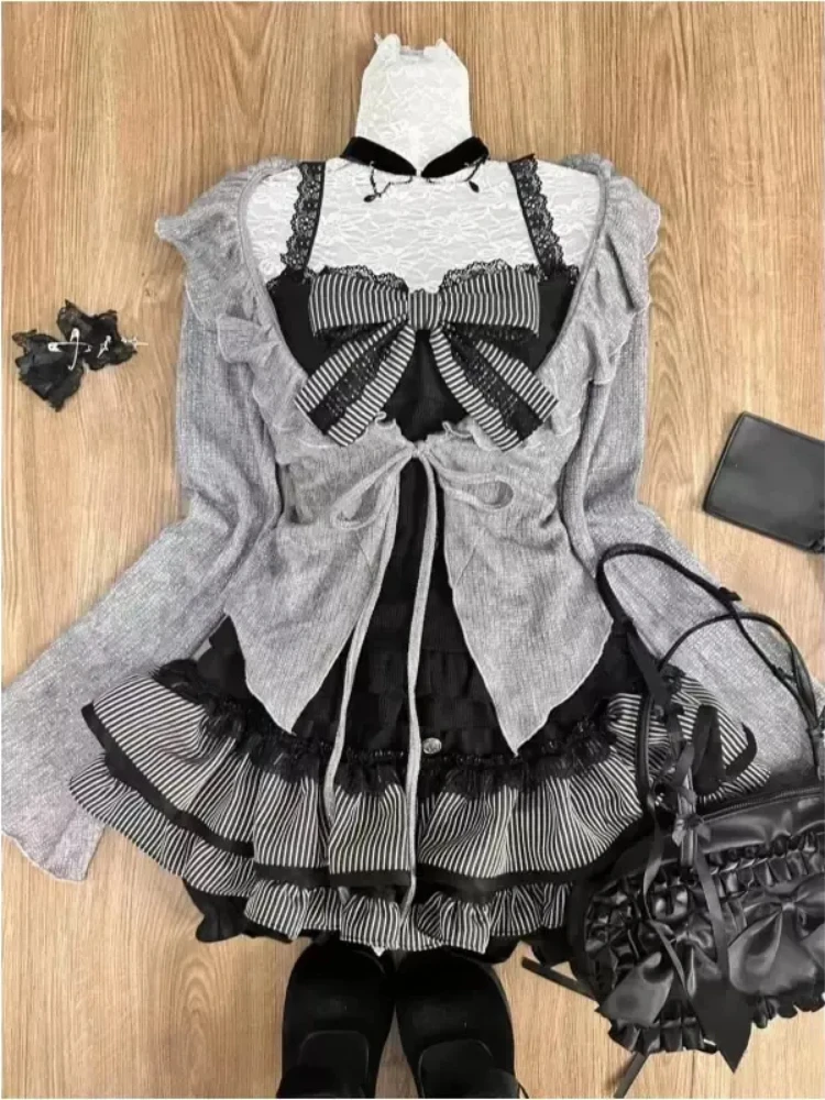 Japanese Style Sweet Preppy Chic 3 Piece Set Skirt Suit Grey Flounce Cardigan+Black Lace Vest+Slim Cake Skirt Women 2024 Clothes