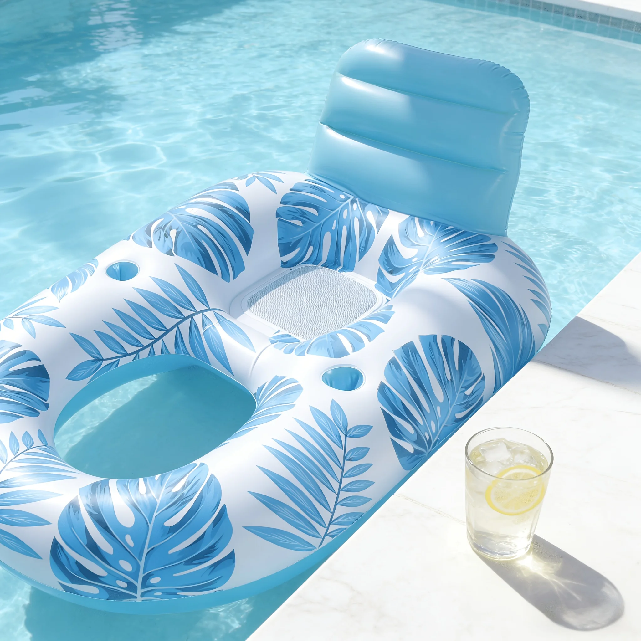 1pc Backrest Inflatable Pool Lounger, Blue Turtle Shell Leaf Raft with Cup Holder, Summer Water Leisure Float