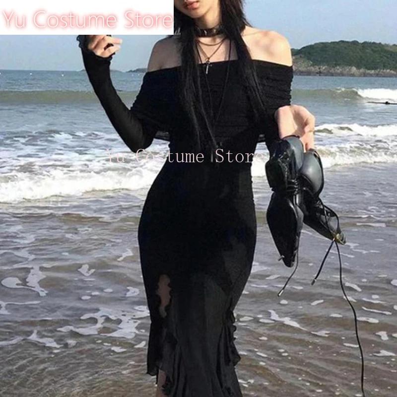 

Yu Costume Elegant Fashion Dark Ruffles Split Long Dress Gothic Slash Neck Long Sleeve Maxi Dresses For Women 2023 Holiday Beach