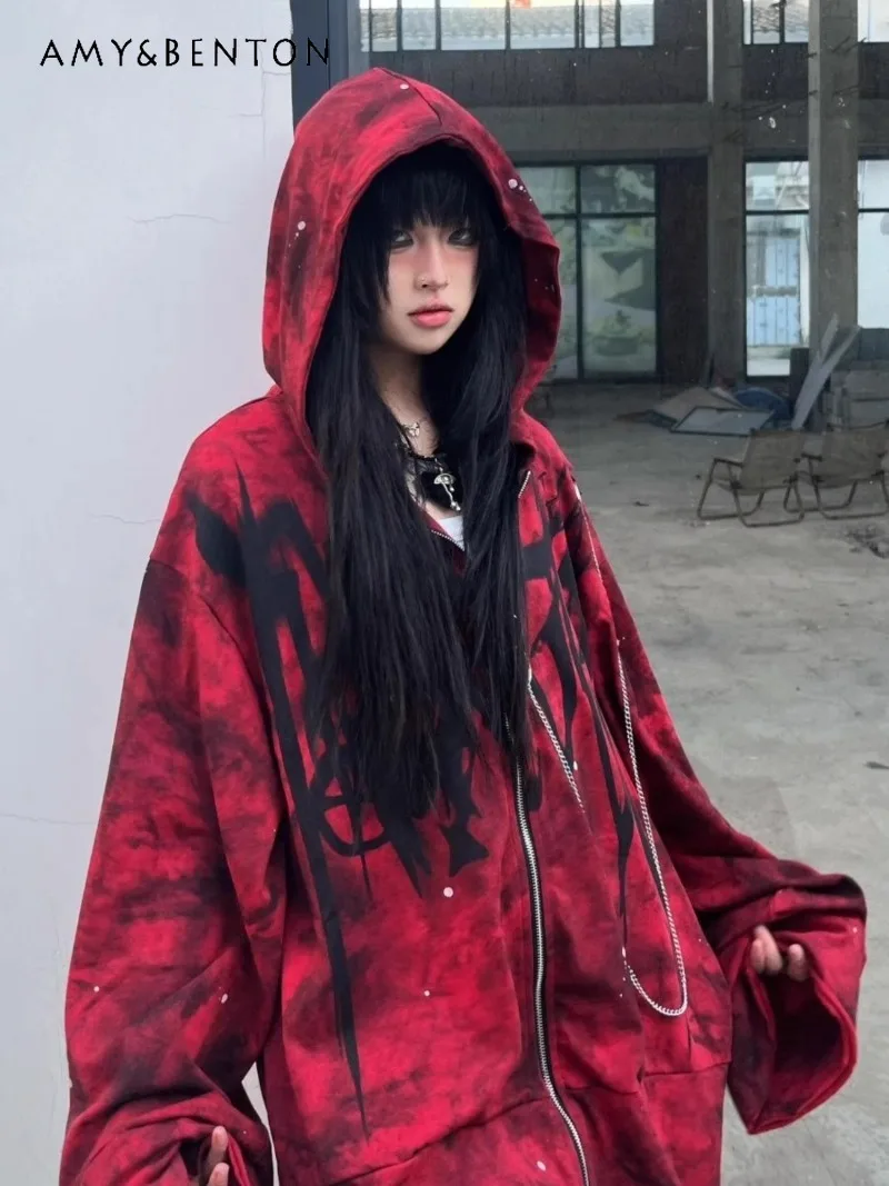 

Dark Rock Style Punk Graffiti Print Red Hooded Sweater Cardigan Jacket Top Women