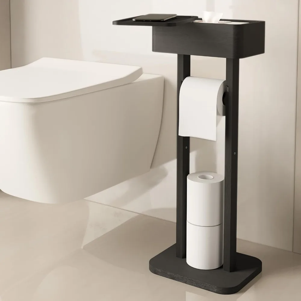 

4-in-1 Black Toilet Paper Holder Stand with Storage Shelf Box, 360° Rotating Bamboo Free Standing Toilet Tissue Roll, Toilet Wip