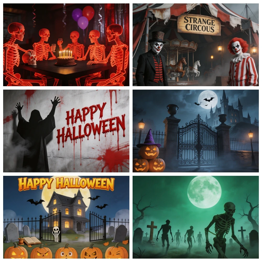 Hallowee Spooky Pumpkin Skeleton Bat Haunted House Moon Party Backdrop Background Vinyl Polyester HD Kids Boys Girls Photo Booth