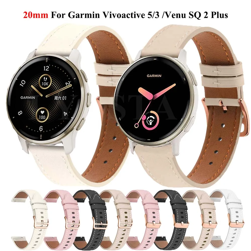 20mm Leather Strap For Garmin Vivoactive 5/3 /Venu SQ 2 Plus /Vivomove HR /Forerunner 165 55/Trend Watch Band Bracelet Wristband