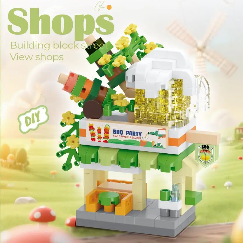 Grappige bibliotheek Snoepwinkel Dierenwinkel Brood Straatzicht Koffieshop Stad Miniatuur Kleine bouwstenen Ornamenten Winkel DIY Speelgoed