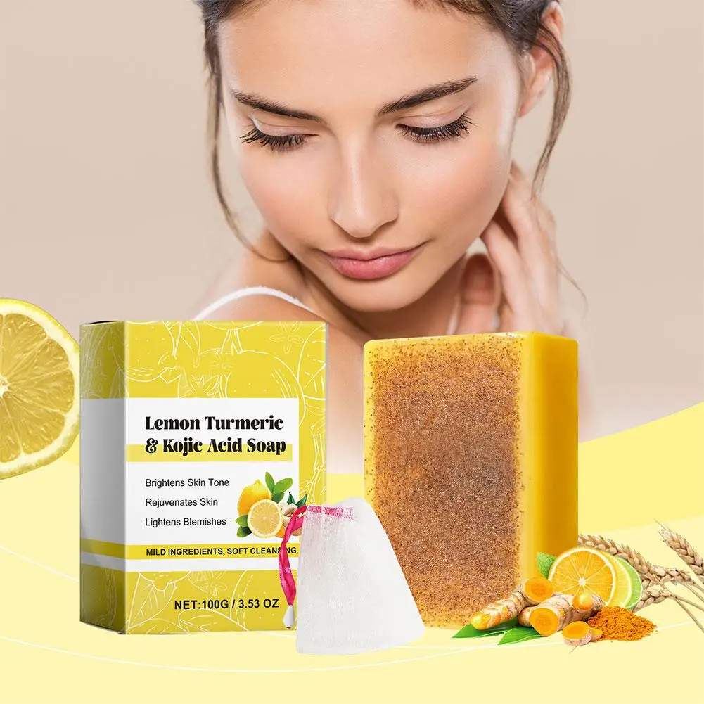 Jabón de Ácido Kójico de cúrcuma de limón, brillo Natural, mejora la piel opaca, Control de aceite suave y limpio, cuidado de la piel facial, 100g