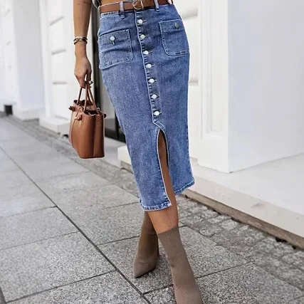 

Retro Plus Size Women's Button High Elastic Denim Split Pencil Skirt New 2025 Fashionable Front Open Style Cotton Knitted