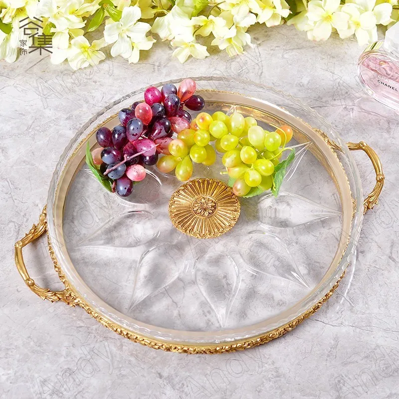 

European Crystal Storage Tray Floral Relief Brass Base Bedroom Cosmetic Container Desktop Jewelry Organizer Home Decoration