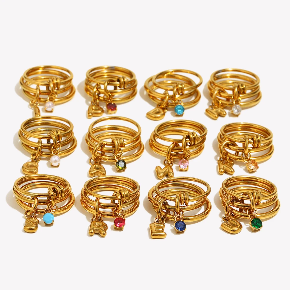 E.B.belle Customize DIY Handmade Birthstone Letters Pendant Three Layers Gold Ring PVD Plated Stainless Steel Women Jewelry