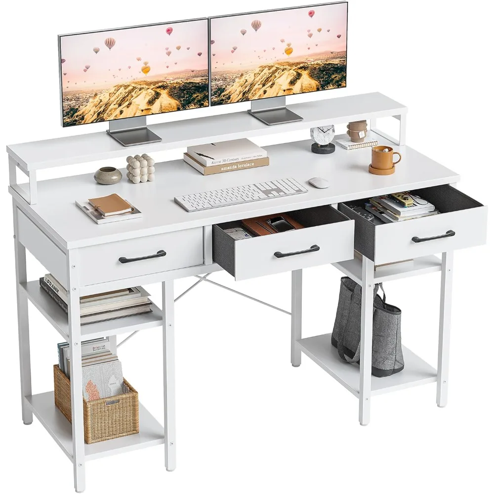 

47 Inch Computer Desk with 3 Drawers and Storage Shelves, Small Home Office Desk with Monitor Stand, Study Writing Table