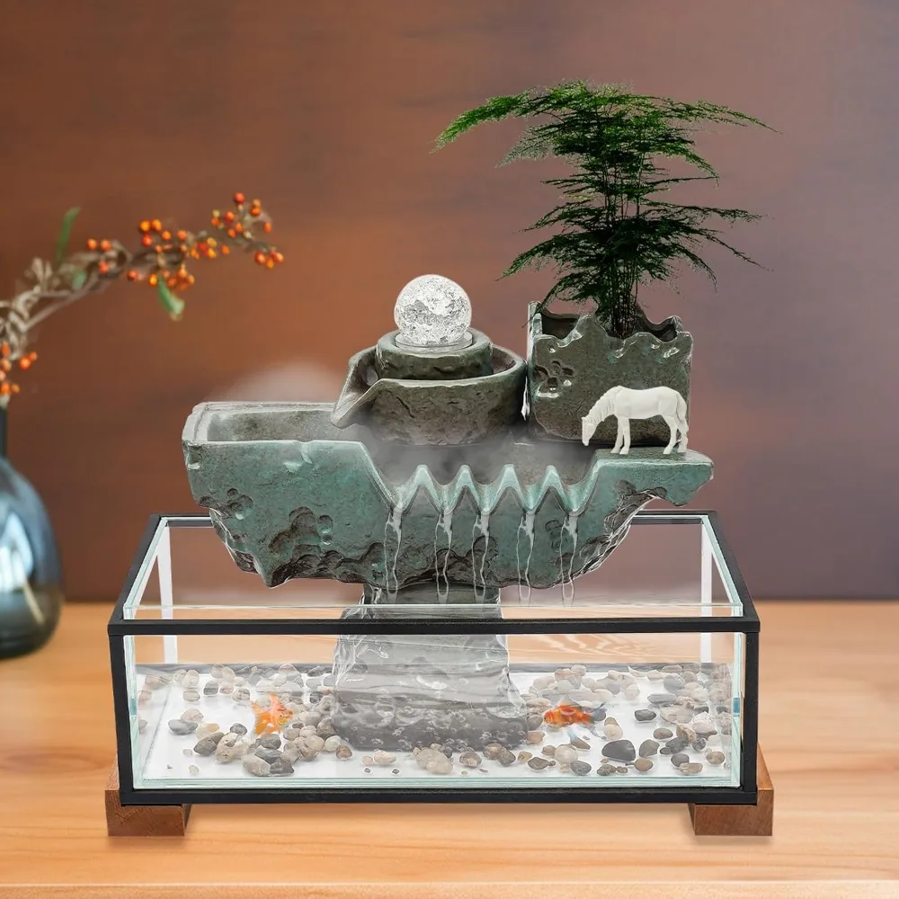 

Tabletop Eco Fish Tank Water Fountains, Indoor Waterfall Decoration with Mist, Crystal Ball for Meditation, Desk Fountain