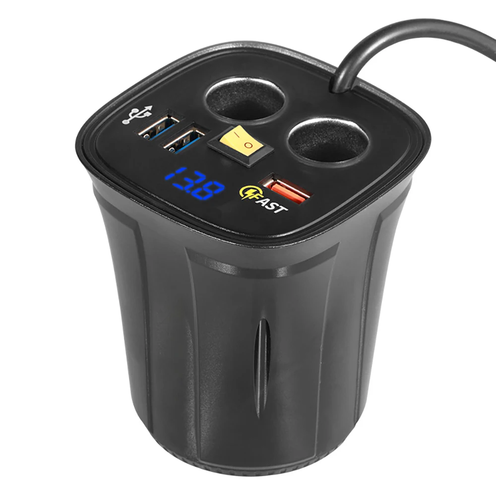 Car Charger Adapter Splitter 2 Socket 80W QC3.0 Fast Quick Charge USB 4.2A Cup Holder Voltmeter On/Off Switch