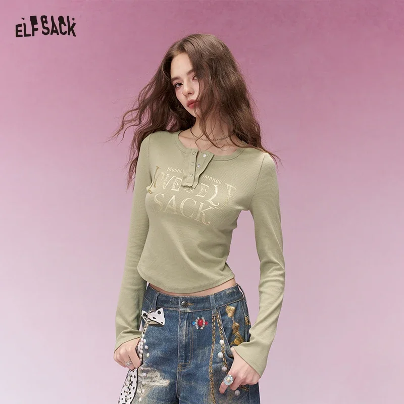ELFSACK Casual Letter Print Henley Neck Fitted Cropped T-shirt For Women