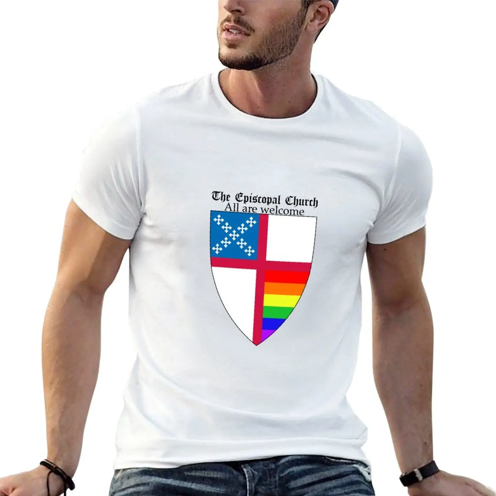 Episcopal Church Shield with Rainbow Pride Horizontal Stripes 1 T-Shirt boys animal print summer clothes men t shirt