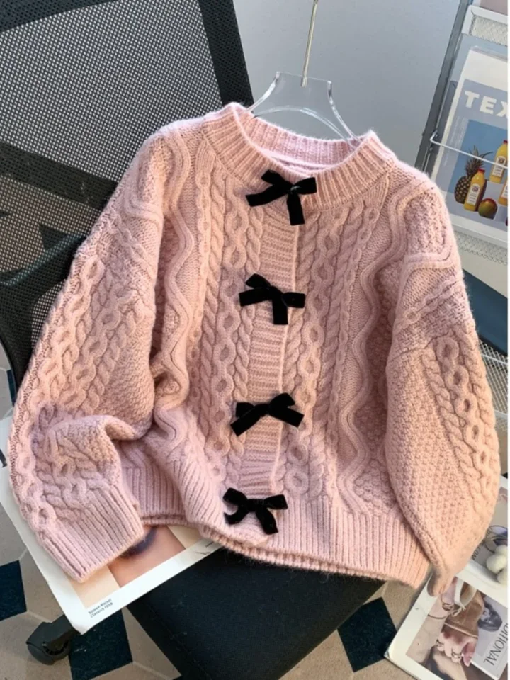 Słodki sweter z kokardą damski wiosenno-jesienny w stylu retro japońskim, miękki top w stylu lazy, z okrągłym dekoltem, z długim rękawem, luźny kardigan z dzianiny.
