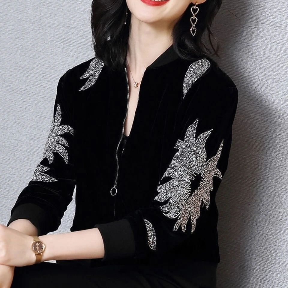 Retro Womens Sequined Bomber Jacket Black Velvet Floral Embroidered Coat Zipper Beaded Cardigan Long Sleeve Baseball Outerwear