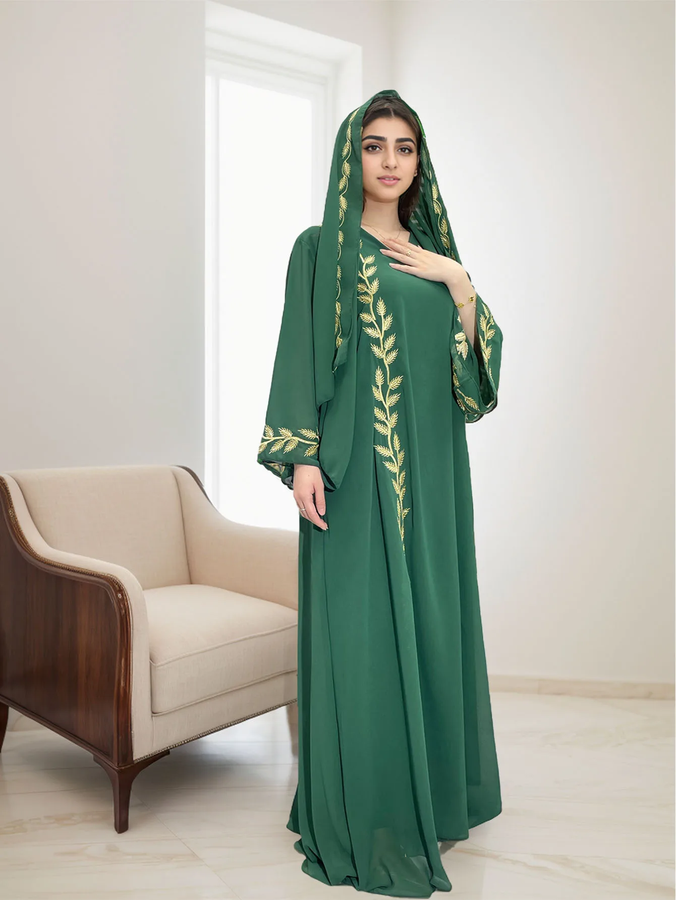 Vestido largo bordado con estampado botánico y cuello redondo de gasa de calle a la moda de Turquía