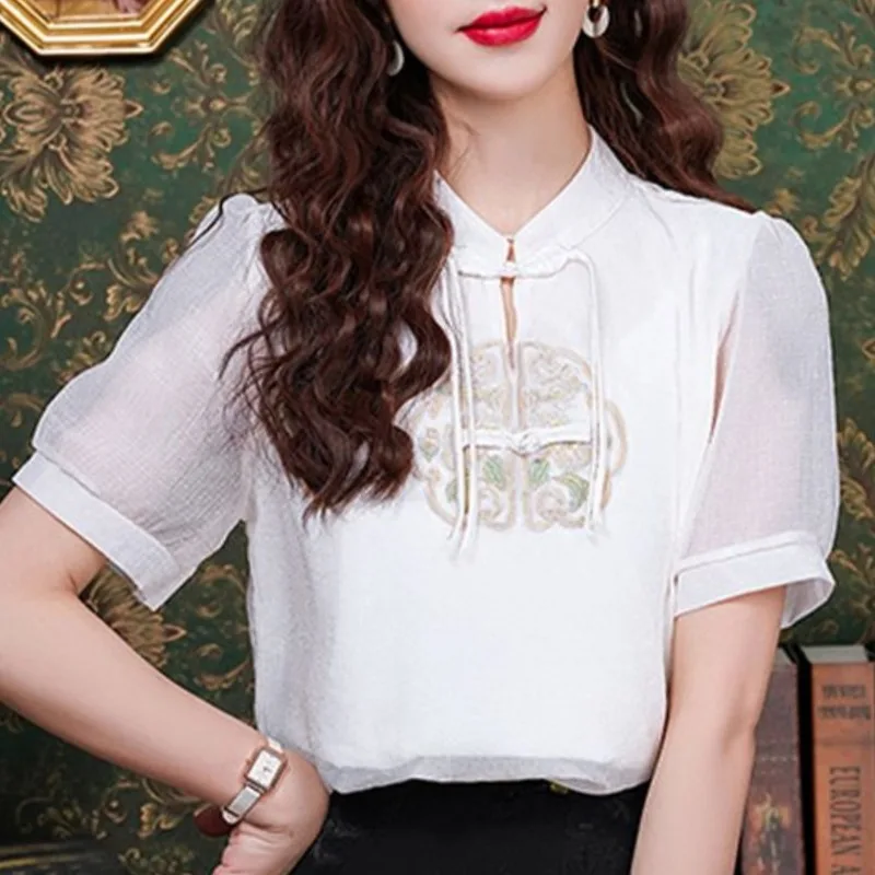 2024 New Summer Retro Frog New Chinese Style Women's Print Bandage Fashion Elegant Short Sleeve Slim Fit Chiffon Shirt Tops