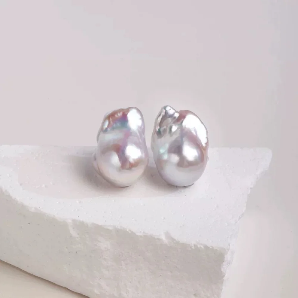Simple large particle Baroque pearl fashionable temperament 925 silver needle earrings AAA15-20mm