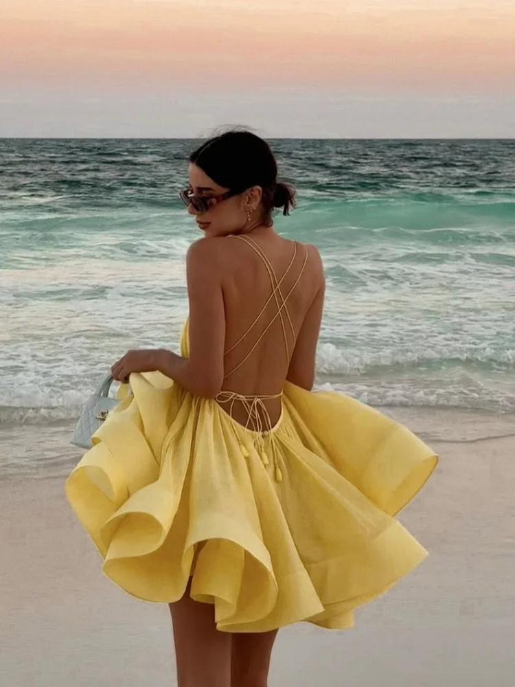 Minivestido acampanado con volantes y espalda descubierta para mujer, Vestido Sexy con cuello en V, sin mangas, plisado, para vacaciones en la playa, 2025