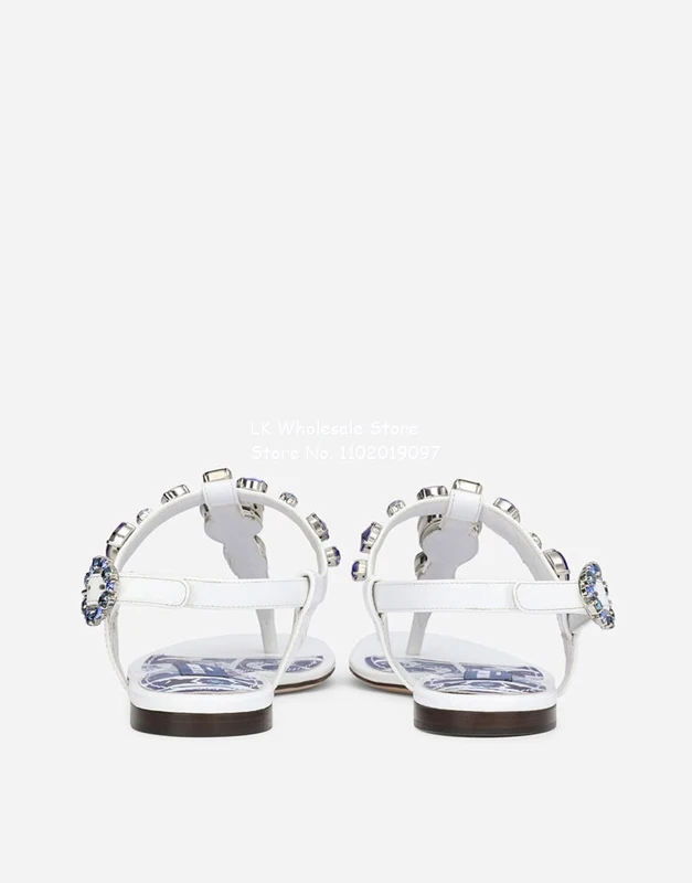 Women Patent Leather Thong Sandals with Embroidery Printed Jewel Flat Buckle Fastening Ankle Strap 35-43 Casual Party Sandals