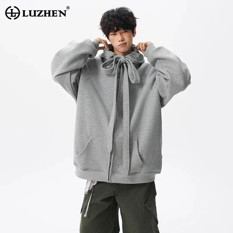 LUZHEN الشريط تزيين بلون فضفاض الشارع الشهير هوديس البلوز الرجال 2025 الخريف موضة كم طويل البلوز جديد JY4132