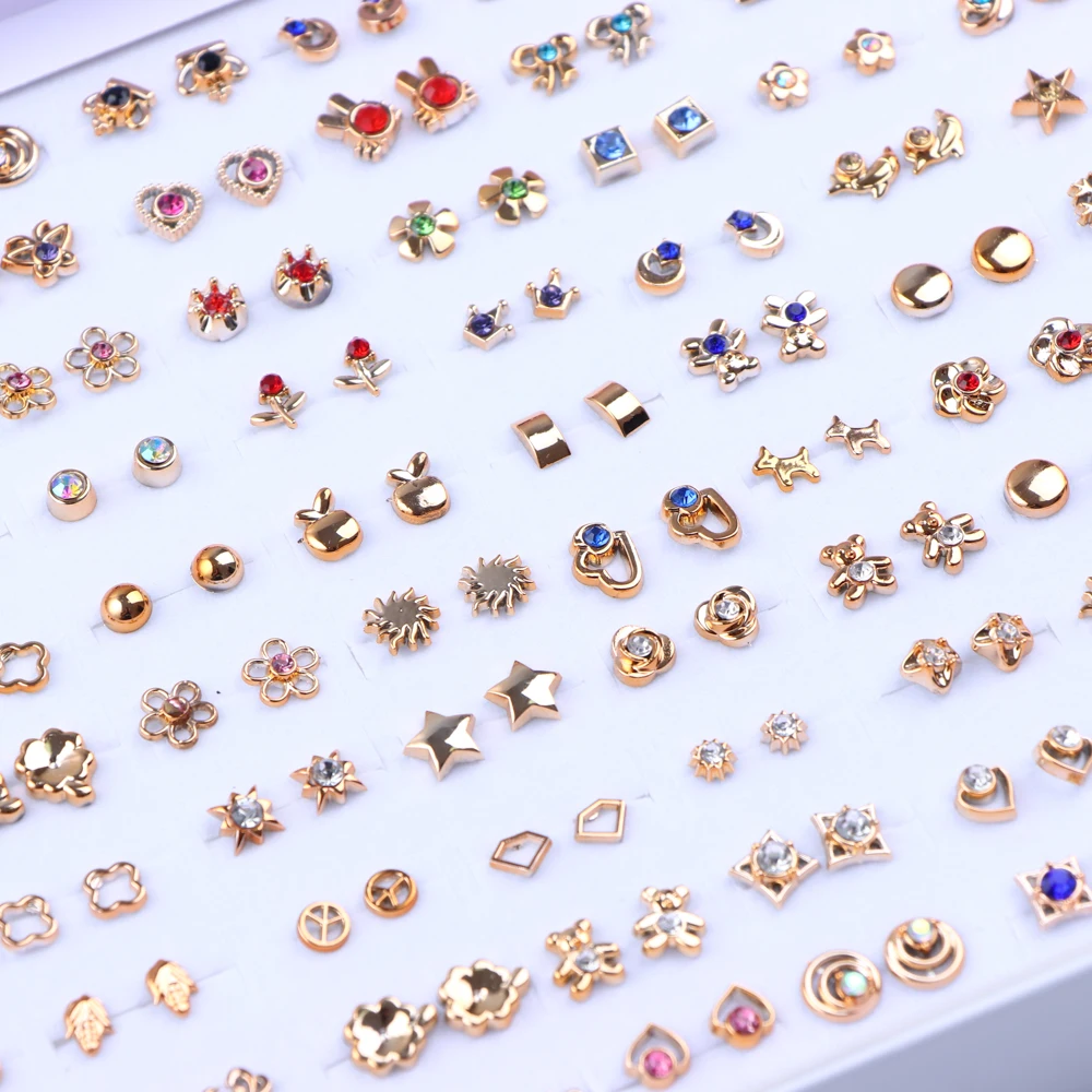 36Pairs/Lot Fashion Rhinestone Geometric Small Stud Earrings For Women Flower Heart Star Lady Jewelry Party Gifts Mixed Style